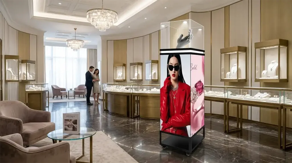 How to Choose a 3D LED Pedestal Display Case for Luxury Retail 4 Adhaiwell wheeled seamless LED pedestal display case in luxury jewelry boutique, China manufacturer showcase for high-end retail