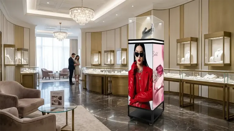 Adhaiwell wheeled seamless LED pedestal display case in luxury jewelry boutique, China manufacturer showcase for high-end retail