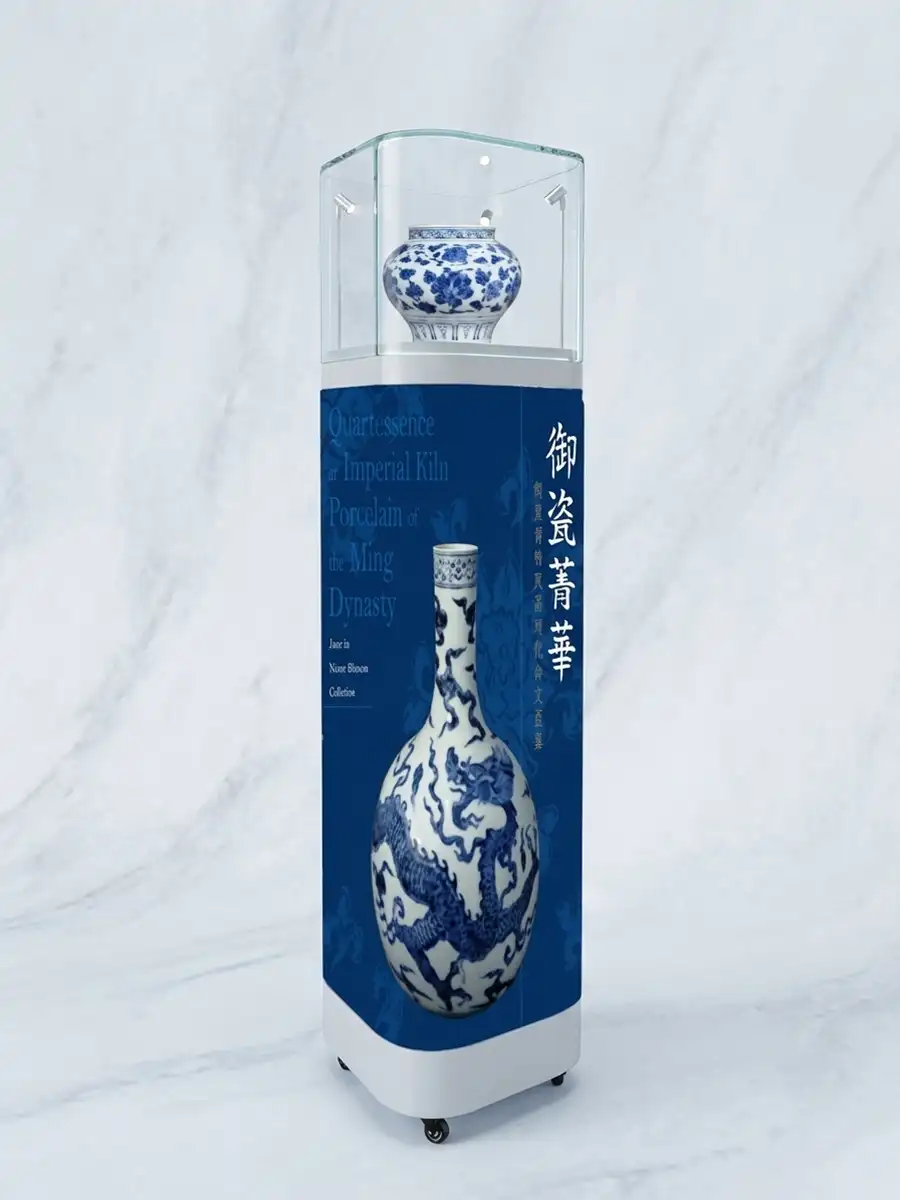 Adhaiwell wheeled curved LED pedestal display case, China manufacturer seamless showcase with acrylic top for museum antiques