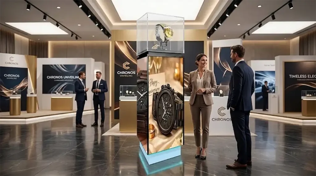 Adhaiwell wheeled LED pedestal with illuminated base at luxury watch event, China manufacturer showcase for brand launches & trade shows