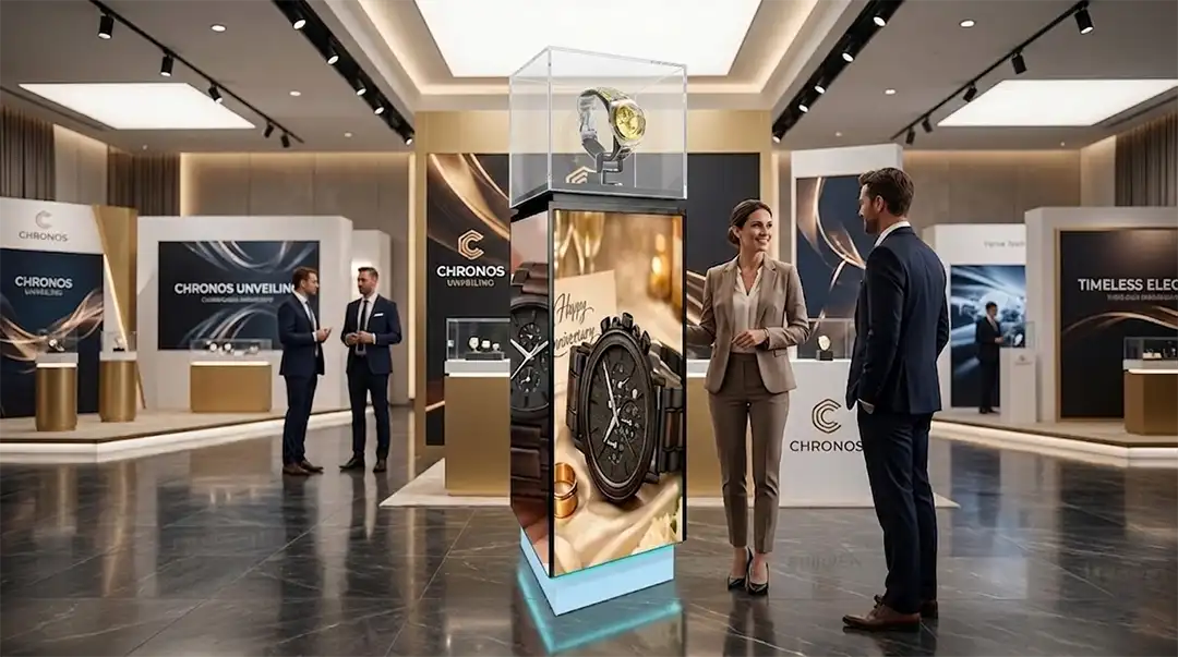 Adhaiwell wheeled LED pedestal with illuminated base at luxury watch event, China manufacturer showcase for brand launches & trade shows