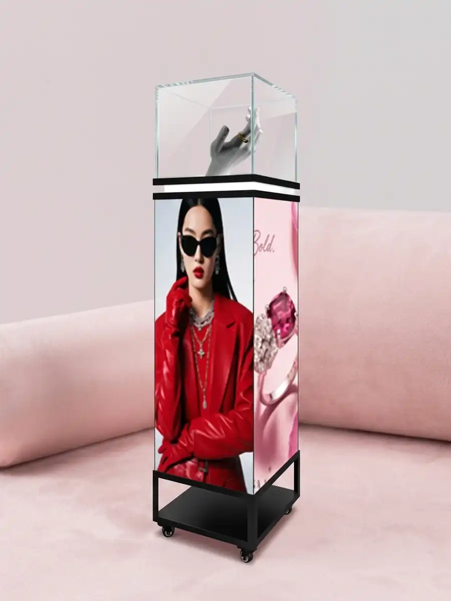Adhaiwell wheeled tall 4-sided seamless LED pedestal display case, China manufacturer showcase with acrylic top for luxury jewelry retail