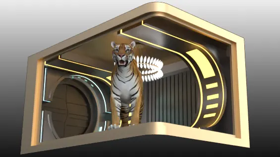 3D LED display box featuring a realistic anamorphic 3D tiger animation in a futuristic sci-fi setting, designed by Adhaiwell.