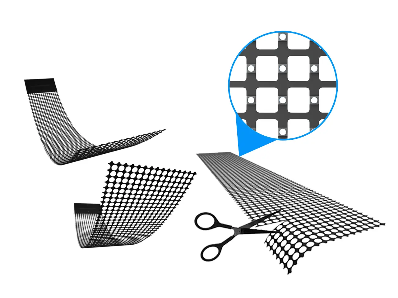 Holographic Transparent LED Film Screen 2 Adhaiwell cuttable flexible holographic transparent LED film screen with mesh structure, showing scissors for custom sizing and close-up of LED module design for front/back glass mounting