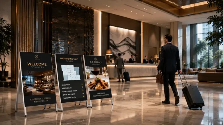 Adhaiwell sleek digital A-board signage for hotel lobbies, premium indoor LED displays for welcome messages, wayfinding maps and third-party advertising