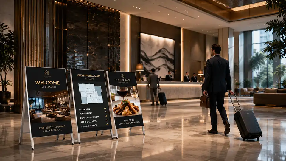 Adhaiwell sleek digital A-board signage for hotel lobbies, premium indoor LED displays for welcome messages, wayfinding maps and third-party advertising