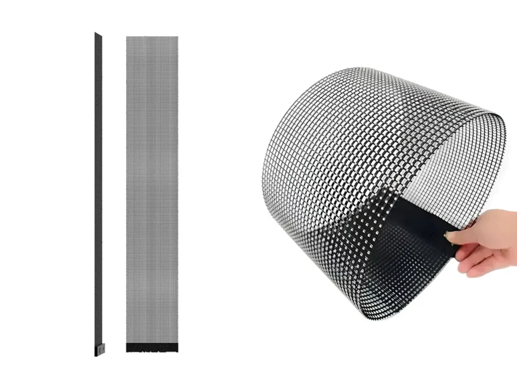 Adhaiwell ultra-thin, lightweight flexible holographic transparent LED film screen, showing rollable form and slim profile for front/back glass mounting and custom applications