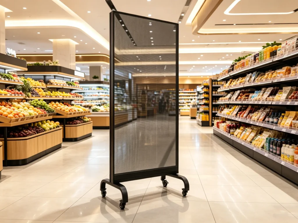 Adhaiwell mobile standing holographic transparent LED screen on wheels, displayed in a modern shopping mall with high-transparency mesh design and frameless look for retail digital signage