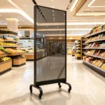 Adhaiwell mobile standing holographic transparent LED screen on wheels, displayed in a modern shopping mall with high-transparency mesh design and frameless look for retail digital signage
