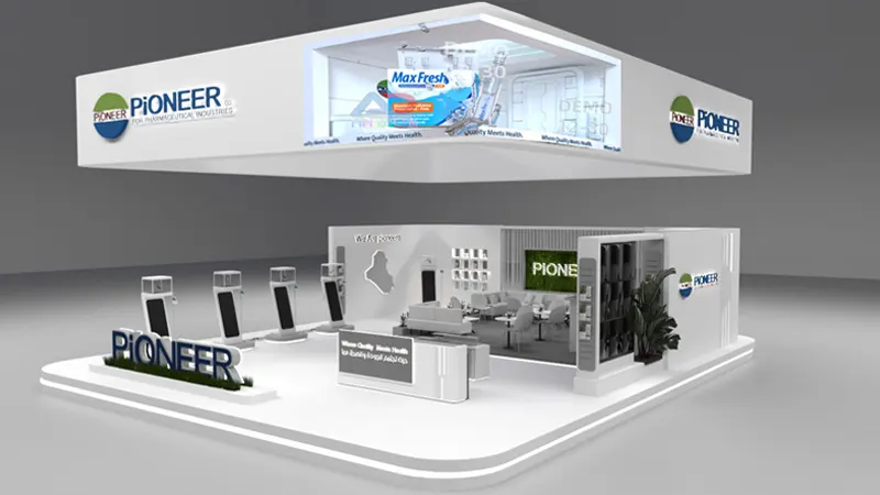 A high-tech exhibition booth at Expo Dubai featuring a floating L-shaped naked eye 3D LED display showing "Max Fresh" anamorphic content, manufactured by Adhaiwell in China.