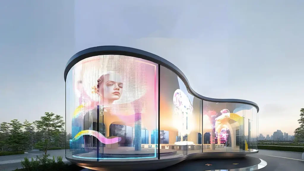 Holographic Transparent LED Film Screen 1 Adhaiwell holographic transparent LED film screen installed on a curved glass facade, displaying vibrant digital art in a modern retail pavilion