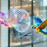 Cuttable adhesive holographic transparent LED film screen with flexible mesh structure, showing vibrant holographic visuals and customizable installation for retail and architectural glass applications