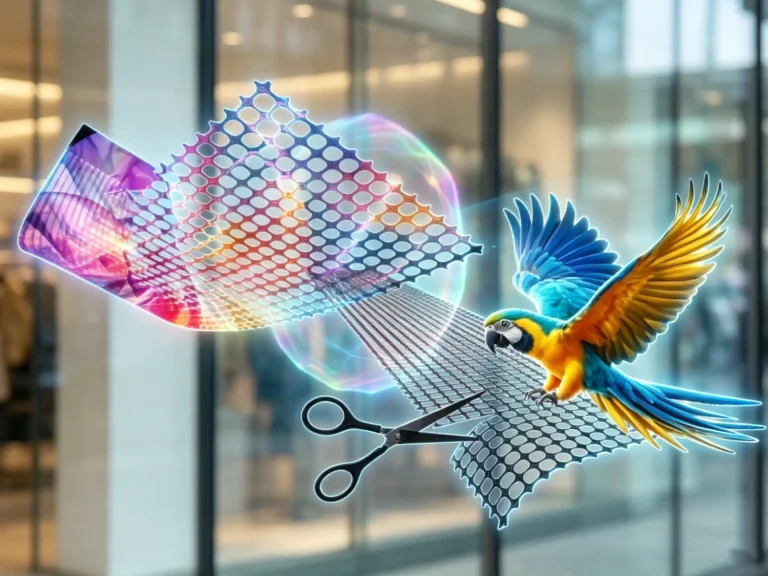 Cuttable adhesive holographic transparent LED film screen with flexible mesh structure, showing vibrant holographic visuals and customizable installation for retail and architectural glass applications
