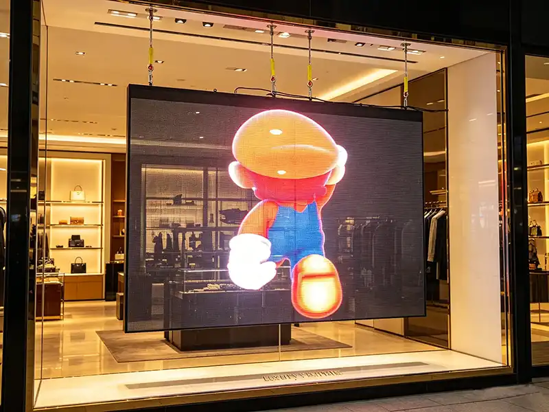 Holographic Transparent LED Film Screen 8 Adhaiwell holographic transparent LED screen installed in a luxury retail store window, displaying vibrant holographic visuals while maintaining visibility into the store interior