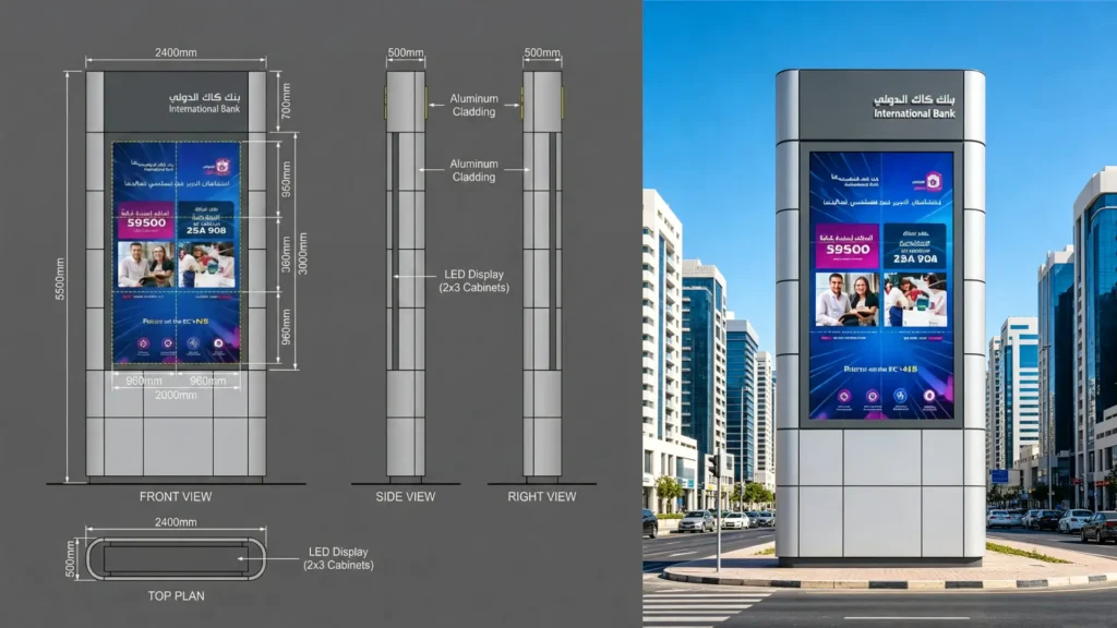 High-impact outdoor LED billboard design rendering for the Middle East, showcasing a sleek, vertical digital display with a vibrant bank advertisement, set against a modern city skyline under a clear blue sky.