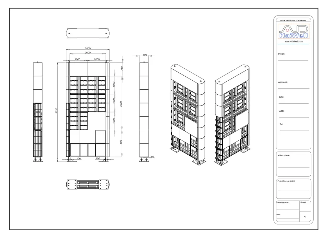 HaiWell technical CAD drawing of Middle East outdoor LED billboard, including front/side views, dimensions, structural frame design, and 3D assembly schematics for digital signage