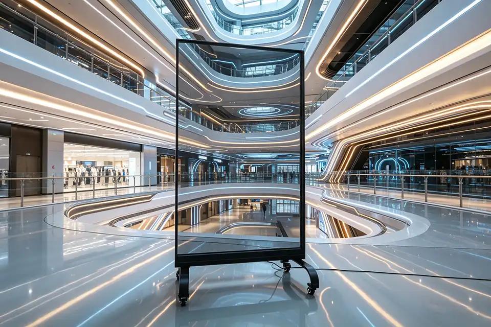 Holographic Transparent LED Film Screen 4 Adhaiwell standing holographic transparent LED screen with wheels, displayed in a modern futuristic shopping mall atrium, showcasing its high-transparency mesh design and sleek frameless look