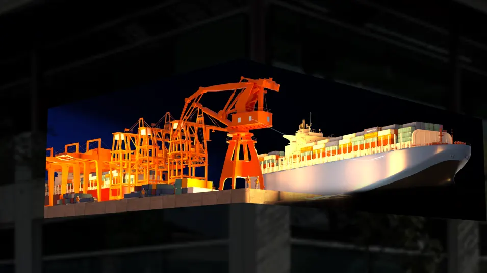 A high-end 3D anamorphic video showing a cargo ship and port cranes at Port of Spain, Trinidad and Tobago, designed by China manufacturer Adhaiwell.