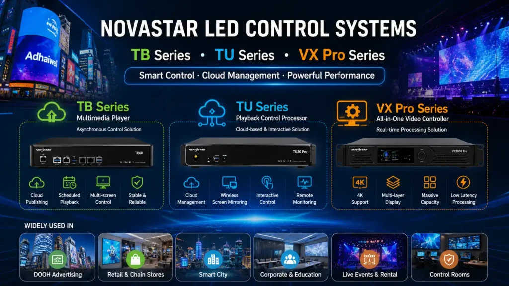 NovaStar LED control systems including TB multimedia players, TU cloud playback processors, and VX Pro video controllers with application scenarios such as DOOH advertising, retail displays, smart cities, live events, and control rooms