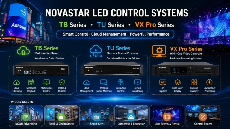 NovaStar LED control systems including TB multimedia players, TU cloud playback processors, and VX Pro video controllers with application scenarios such as DOOH advertising, retail displays, smart cities, live events, and control rooms