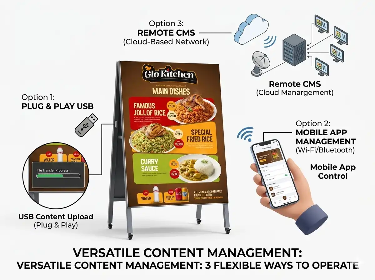 Adhaiwell's Portable LED Digital Signage, a Mobile Digital A-Board with wheels. It illustrates three flexible operation methods: Option 1 is Plug & Play USB upload with file progress. Option 2 is Mobile App management via Wi-Fi or Bluetooth, showing a phone app screen. Option 3 is Remote CMS for cloud-based network management, with cloud and server icons. The central display shows a Glo Kitchen restaurant menu board example.