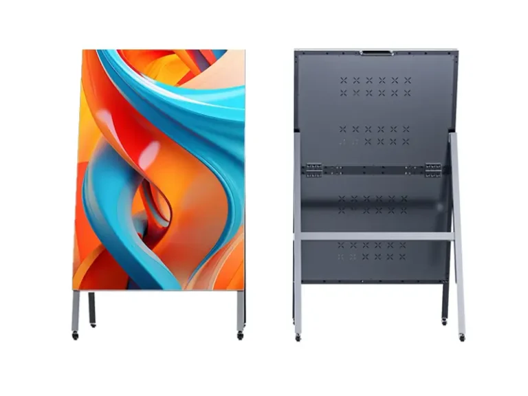 Adhaiwell Portable LED Digital Signage on Wheels, high-brightness mobile digital A-board display for retail, restaurants, sidewalk advertising and events.