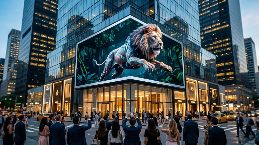 corner L-shaped 3D LED billboard in a busy city center, featuring a realistic 3D tiger leaping out of the screen, manufactured by Adhaiwell
