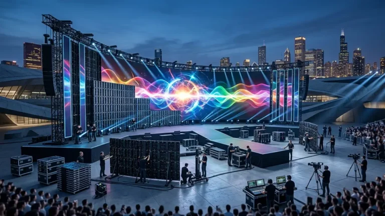 outdoor concert stage featuring modular rental LED screens, die-cast aluminum cabinets, and technical crews performing a rapid installation against a city skyline.