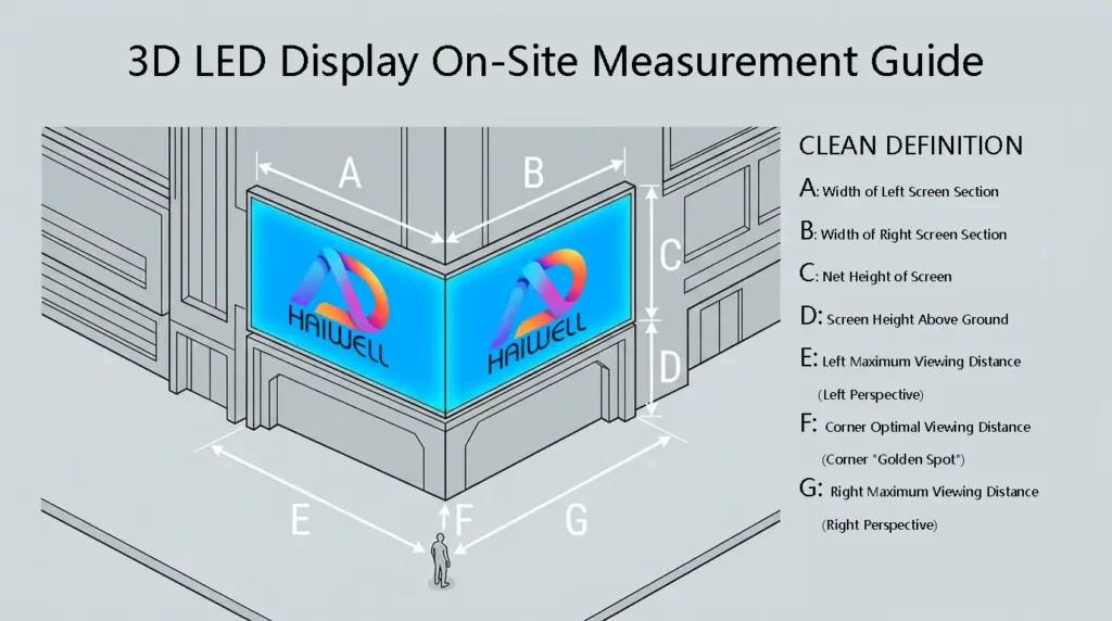 A technical engineering diagram showing how to measure site dimensions (A to G) for an L-shaped naked eye 3D LED display installation, including screen width, height, elevation, and optimal viewing distances.