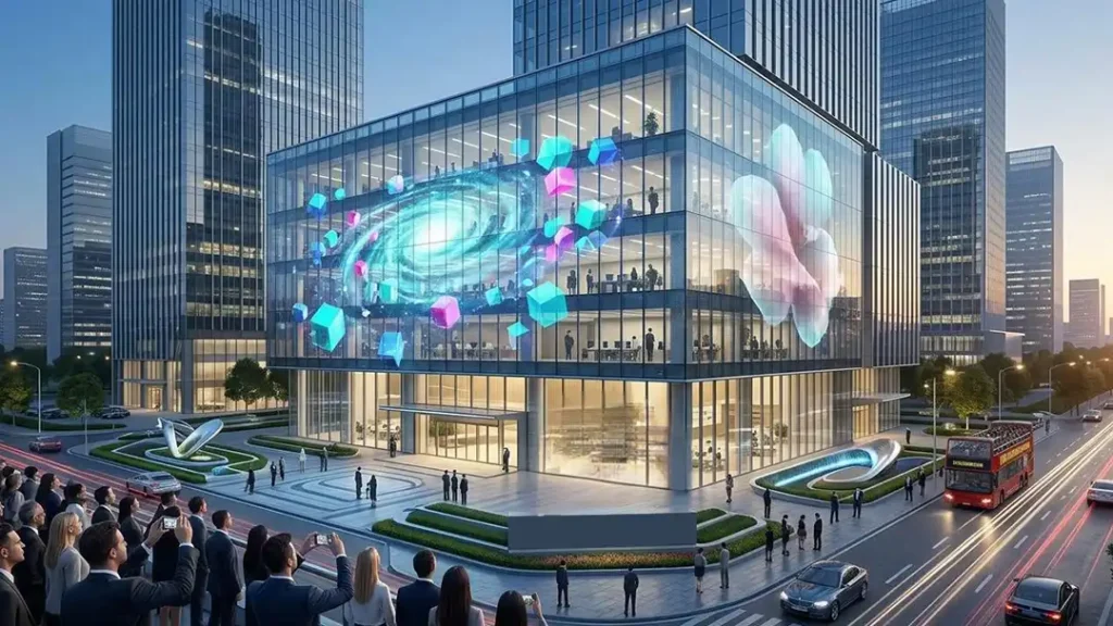 Transparent LED display installed on modern commercial building glass curtain wall facade, showing vibrant galaxy and flower digital content in a city business district.