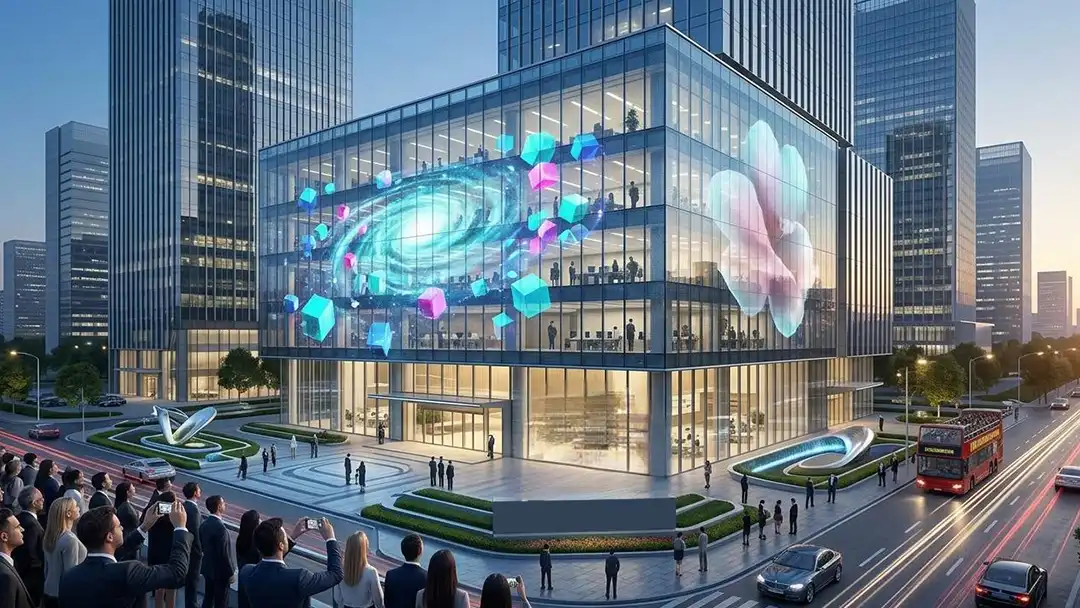 Transparent LED display installed on modern commercial building glass curtain wall facade, showing vibrant galaxy and flower digital content in a city business district.