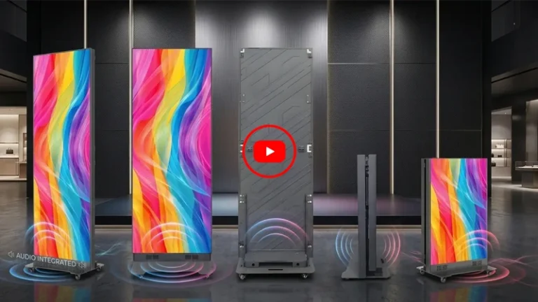 Adhaiwell Ultra-Light Foldable LED Poster Display Factory Showcase Video Cover – showing multiple views of portable LED poster screen with built-in audio, die-cast aluminum frame, and real-shot testing footage