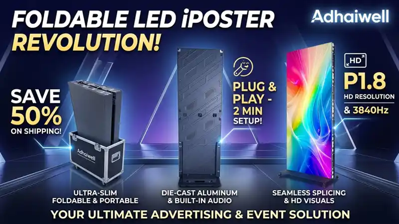Adhaiwell Foldable LED iPoster: Ultra-Slim Die-Cast Aluminum Display with Built-In Audio, P1.8 HD Resolution, 2-Minute Setup for Events & Advertising