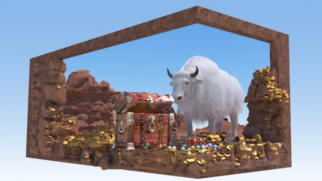 A cultural 3D anamorphic video of a sacred White Buffalo standing amidst desert rocks and gold treasures on an L-shaped LED screen, manufactured by Adhaiwell.