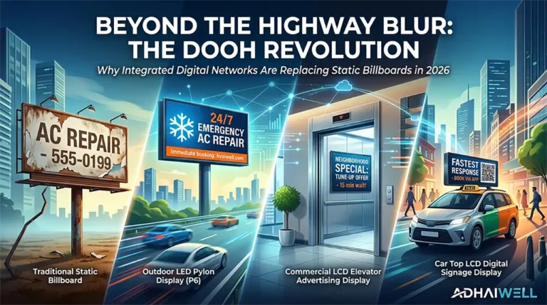 Beyond the Highway Blur: Why Integrated DOOH Networks are the Future of Advertising 14 Adhaiwell infographic comparing traditional static billboards vs. DOOH advertising solutions, including outdoor LED pylon display, commercial elevator LCD screen, and taxi roof digital signage, showing dynamic, real-time ad capabilities in urban environments.