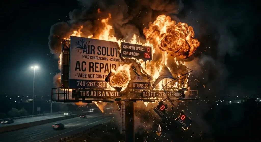 Dramatic night scene of a burning, ineffective HVAC repair static billboard exploding over a highway, with text showing 0 leads and 0% conversion, illustrating wasted ad spend compared to Adhaiwell's data-driven DOOH solutions.