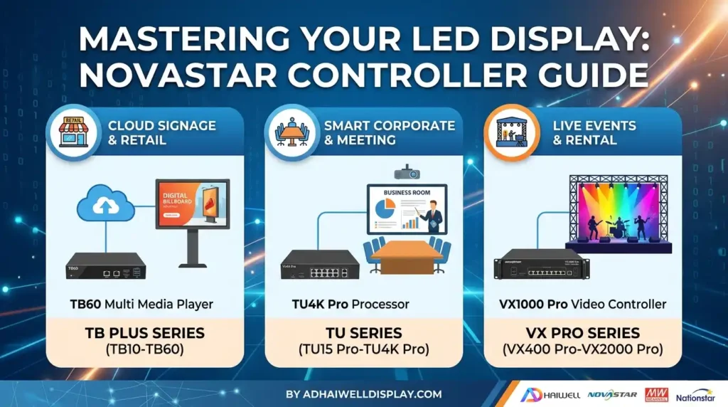NovaStar LED controllers: TB60 for Cloud Signage, TU4K Pro for Corporate Meetings, and VX1000 Pro for Live Events. By AdhaiwellDisplay.com.