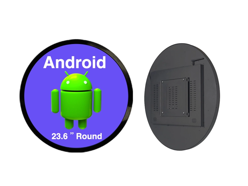 Adhaiwell 23.6-inch round LCD digital signage with built-in Android OS, front screen and rear mounting panel shown