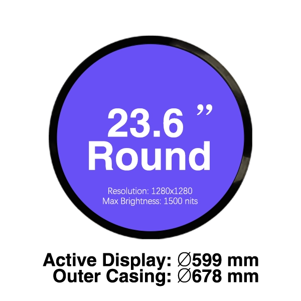 Adhaiwell 23.6-inch round LCD digital signage display with 1280×1280 resolution, 1500 nits brightness, and exact diameter specifications.