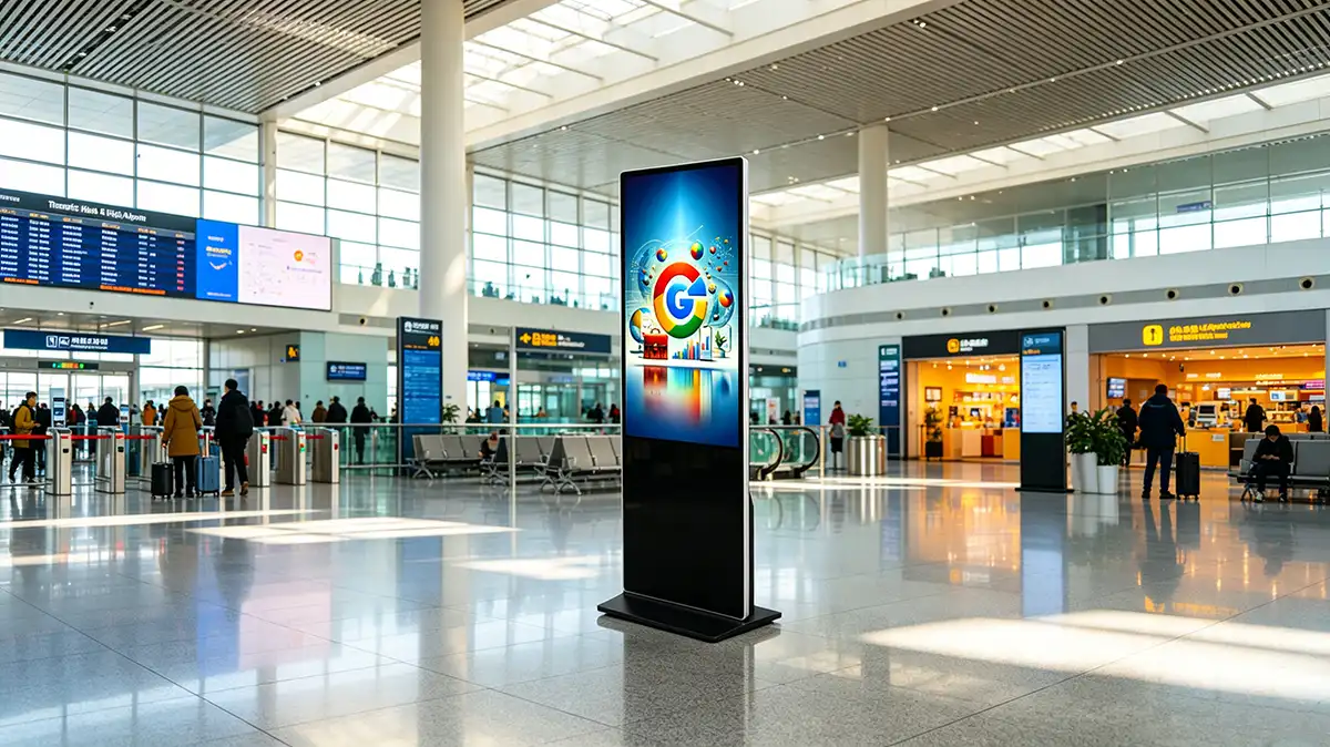 Adhaiwell China manufacturer 43-65 inch floor standing touch screen digital poster kiosk for airport transit hubs, interactive self-service passenger information display with Android built-in CMS and optional Windows OS