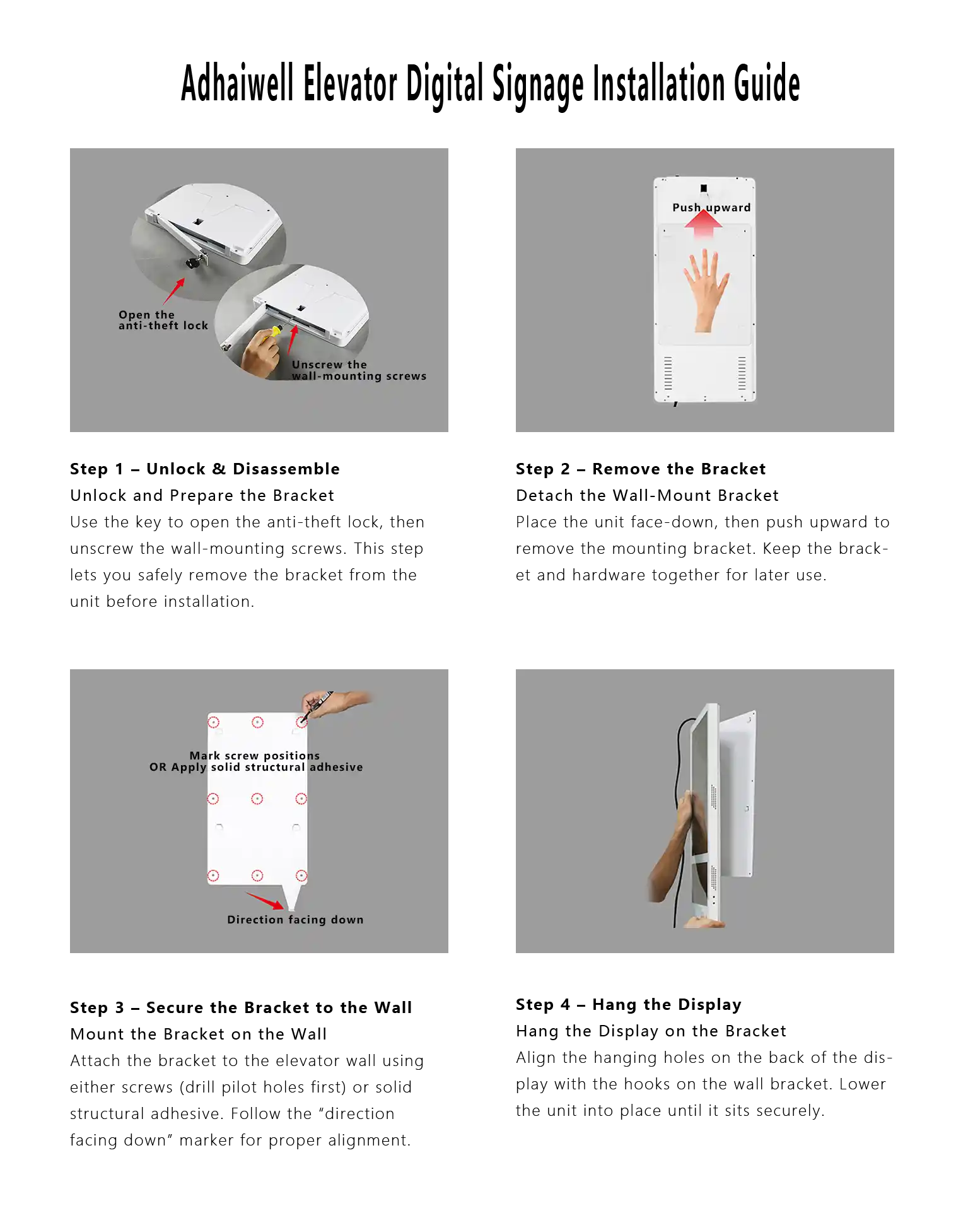 Step-by-step installation diagram for Adhaiwell elevator advertising LCD digital signage with anti-theft lock wall mount, cloud CMS indoor lift display mounting tutorial