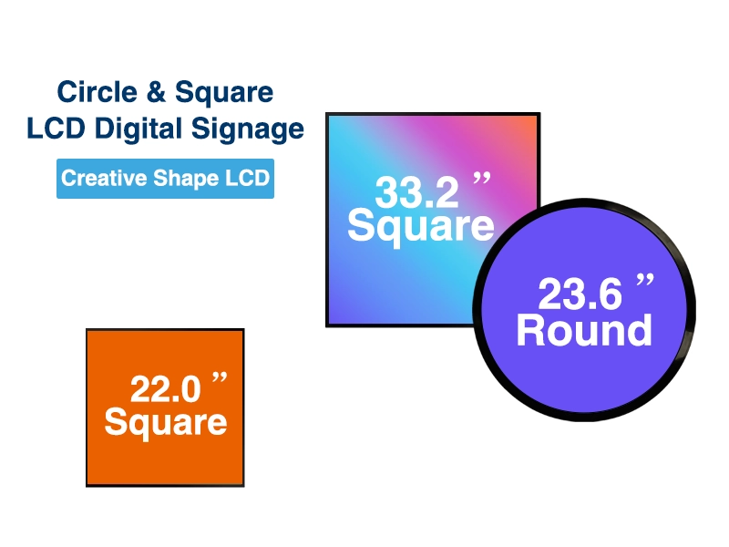 Adhaiwell 22 and 33 inch square plus 23.6 inch round LCD digital signage displays for retail museums and exhibits, factory direct from China