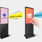 Adhaiwell China manufacturer 43-65 inch floor standing touch screen digital poster kiosk with Android built-in CMS and Windows OS dual system options, infrared interactive touch advertising signage display for mall hotel airport indoor use