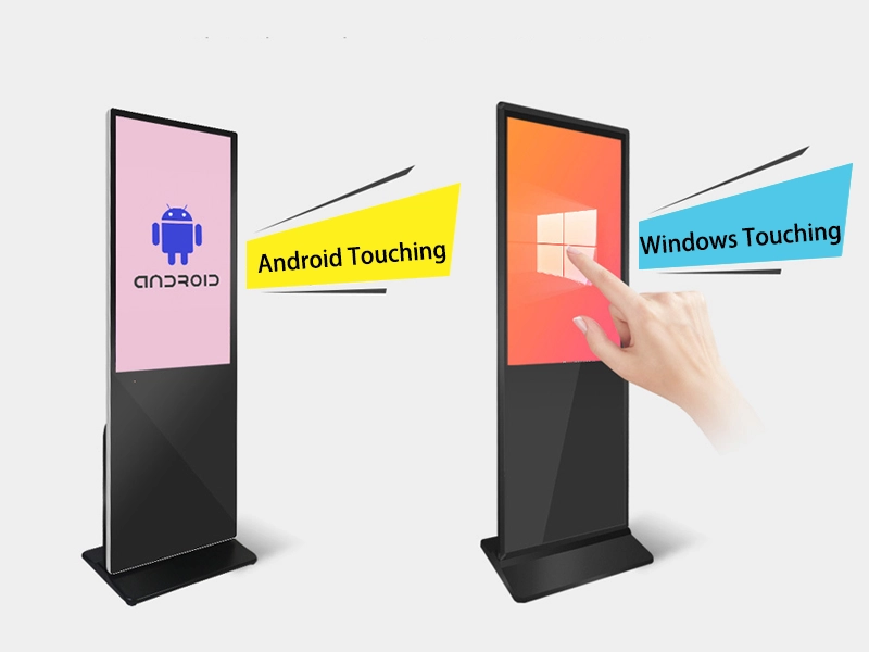 Adhaiwell China manufacturer 43-65 inch floor standing touch screen digital poster kiosk with Android built-in CMS and Windows OS dual system options, infrared interactive touch advertising signage display for mall hotel airport indoor use