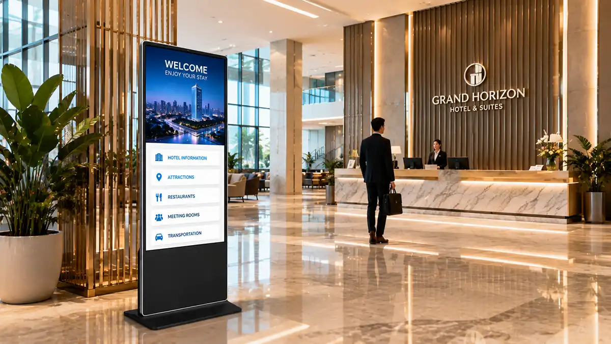 Adhaiwell China manufacturer hotel and corporate lobby signage kiosk for guest information, wayfinding, and indoor business reception areas.