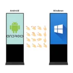 Adhaiwell China manufacturer 43-65 inch floor standing multi-touch digital poster kiosk, 20-point infrared multi-touch gestures supported, Android with built-in CMS and Windows OS options for mall, hotel, airport indoor interactive advertising
