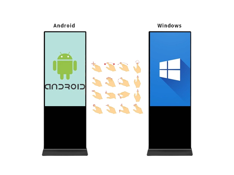 Adhaiwell China manufacturer 43-65 inch floor standing multi-touch digital poster kiosk, 20-point infrared multi-touch gestures supported, Android with built-in CMS and Windows OS options for mall, hotel, airport indoor interactive advertising