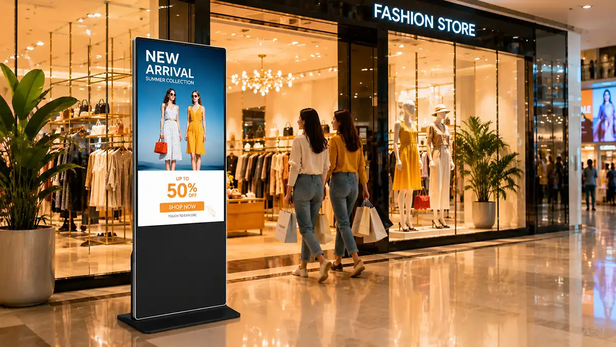 Adhaiwell China manufacturer retail store digital poster kiosk for fashion store promotion, product advertising, and in-store customer engagement.