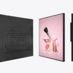Adhaiwell square LCD digital signage display showing front screen, rear mounting panel, and slim side profile for retail installation