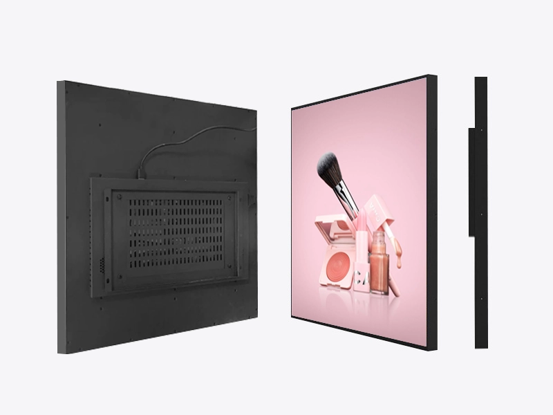 Adhaiwell square LCD digital signage display showing front screen, rear mounting panel, and slim side profile for retail installation
